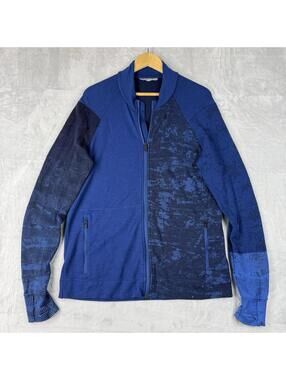Icebreaker Merino Wool Bomber Jacket Full Zip Men Size L Blue Camo Layer Outdoor
